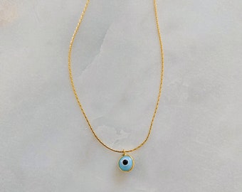 Sky Blue Gold Wrapped Evil Eye Necklace