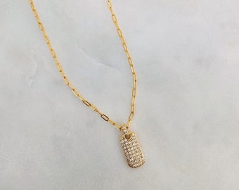 Diamond Studded Gold Dog Tag Necklace