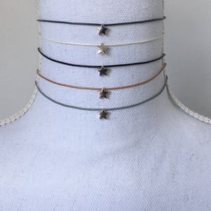 Dainty Silver or Gold Star Leather Choker Necklace in Gray, Tan, Black, White Leather or Gold, Silver Chain