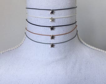 Dainty Silver or Gold Star Leather Choker Necklace in Gray, Tan, Black, White Leather or Gold, Silver Chain