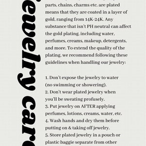 May include: A white background with the words "jewelry care" in large, black, stylized font. The text provides care instructions for gold-plated jewellery, including avoiding water, sweat, and chemicals, and proper storage.