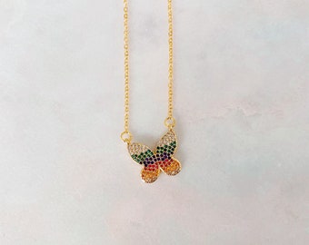 Studded Rainbow Butterfly Charm Necklace