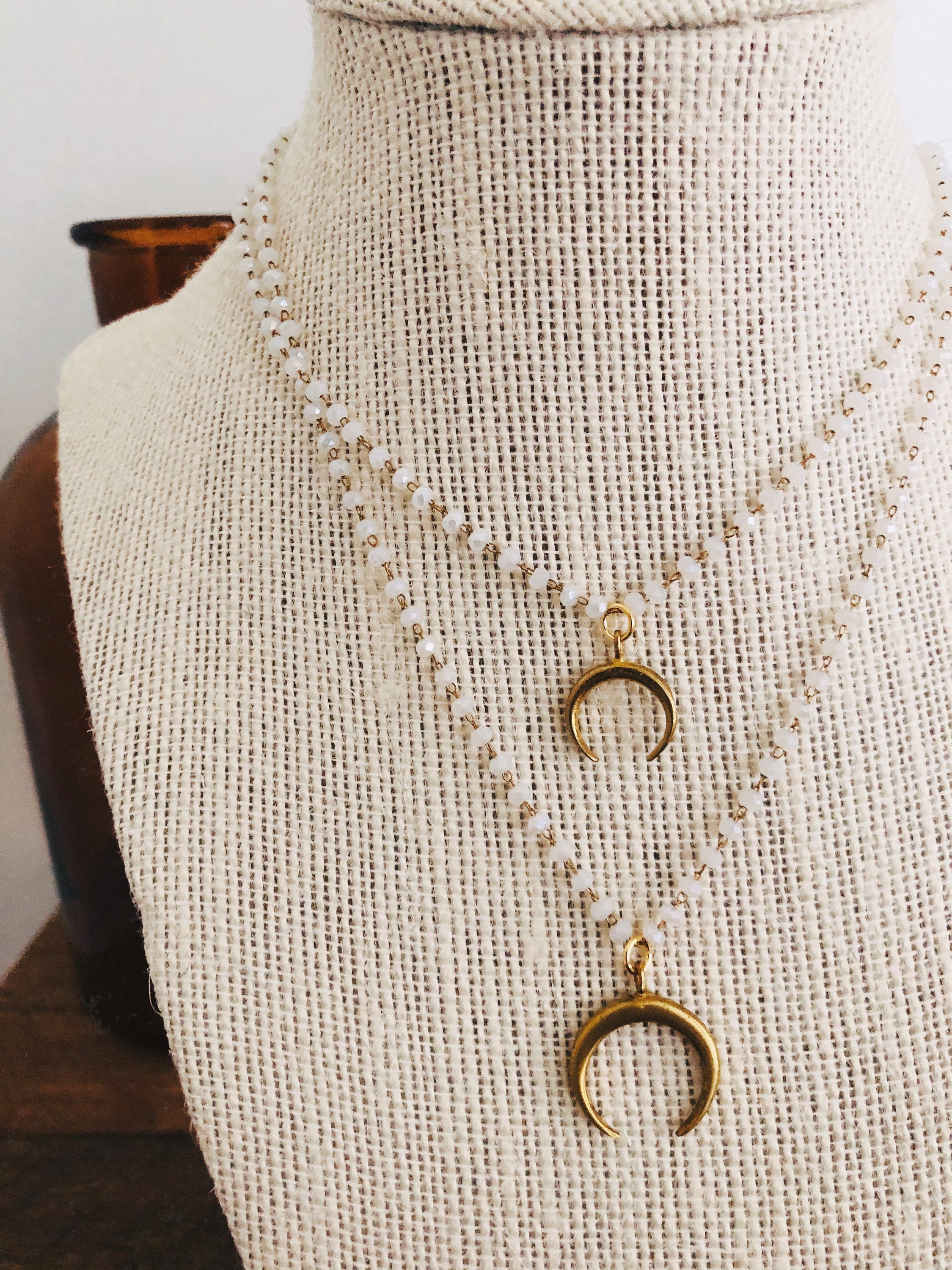 Minimalist White Beaded Golden Brass Crescent Moon Rosary | Etsy