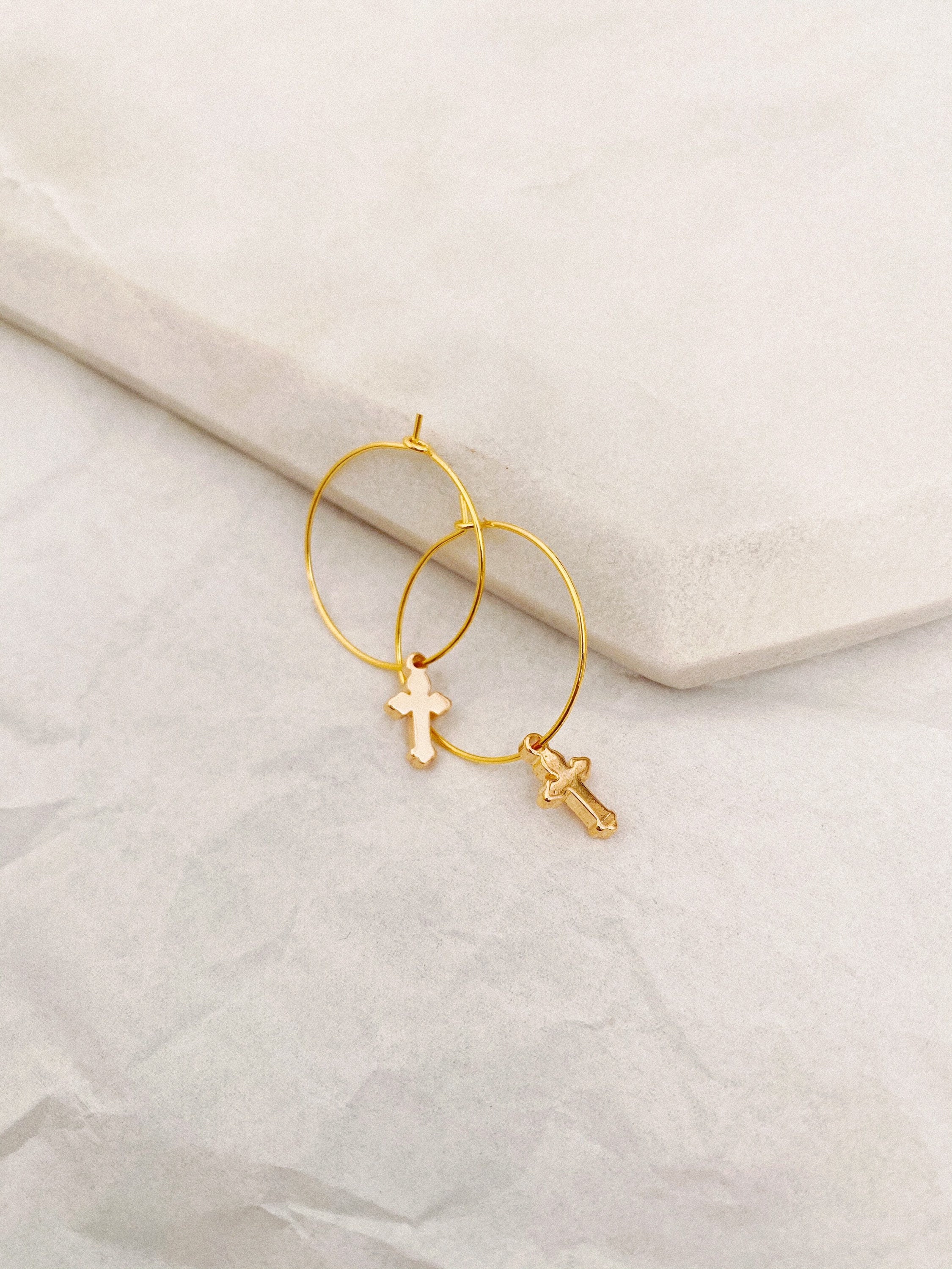Mini Hoop Cross Earrings in Gold Etsy