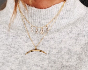 Gold or Silver Rustic Crescent Horn Pendant Necklace