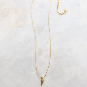 May include: A gold necklace featuring a fine chain and a wing-shaped pendant. The wing pendant is adorned with tiny, glittering details. The necklace includes an adjustable chain for a comfortable fit.