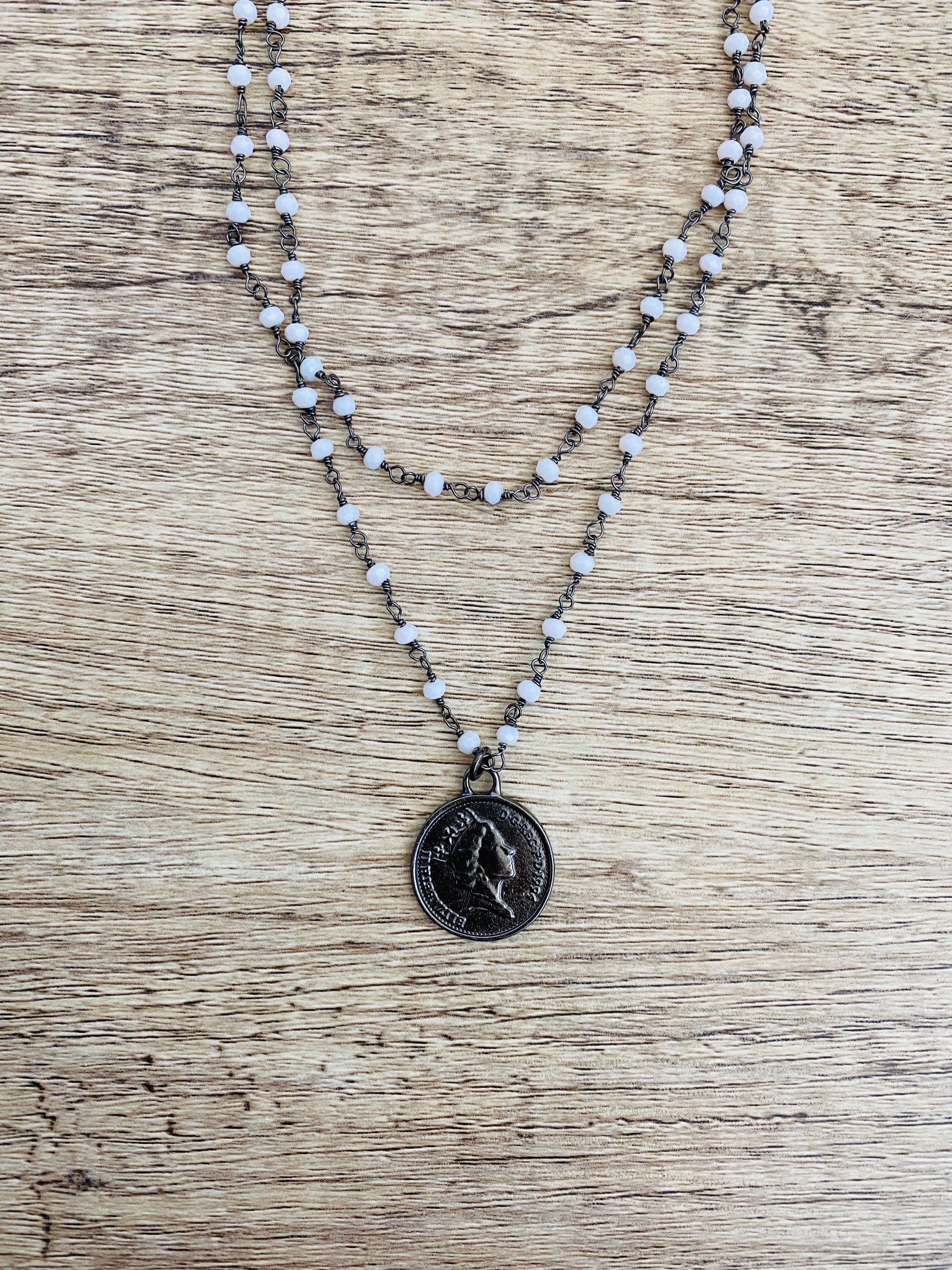 RusticGunmetal Blue Beaded Rosary Chain Indian Coin