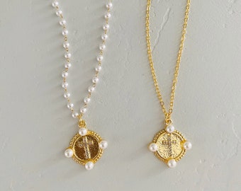 Golden Pearl Cross Medallion Necklace