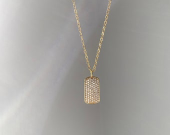 Diamond Studded Dog Tag Pendant Necklace in Gold