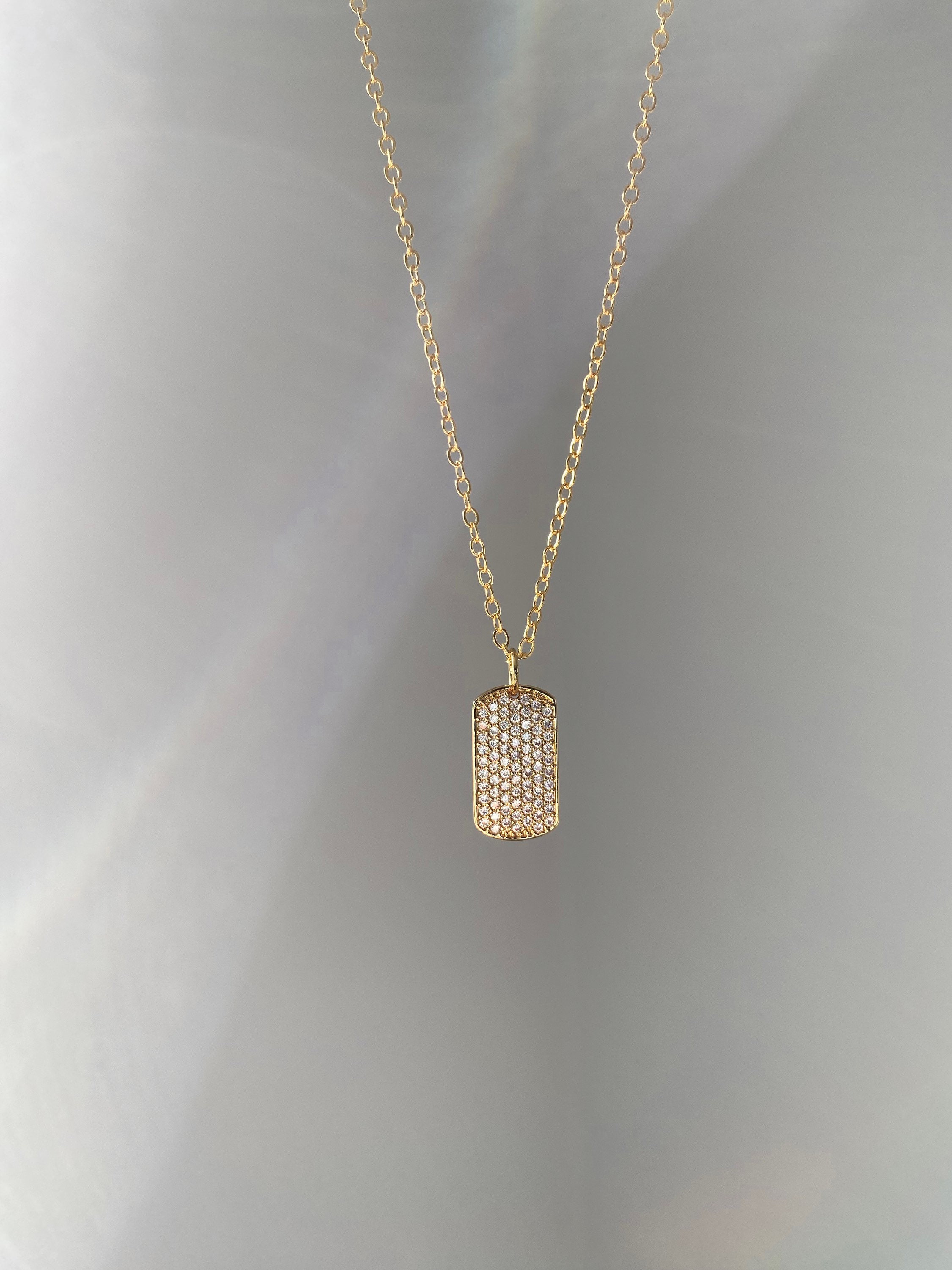 Diamond Studded Dog Tag Pendant Necklace in Gold