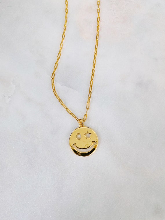 Gold Star Eye Smiley Face Necklace Etsy UK