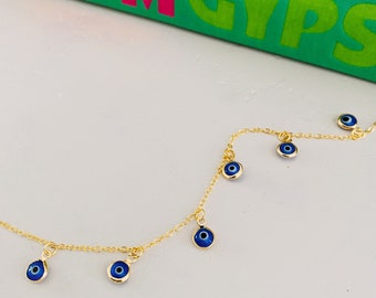 Dark Blue Evil Eye Gold Dangle Choker Necklace
