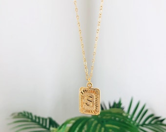 Gold Square Coin Letter Necklace