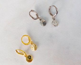 Mini Smiley Face Huggie Earrings in Gold or Silver