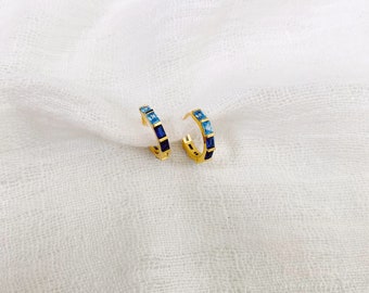 Blue Toned Jewel Mini Hoops