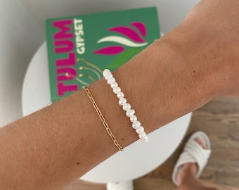 Minimal Gold Chain Link Bracelet or Freshwater Mini Pearl Bracelet
