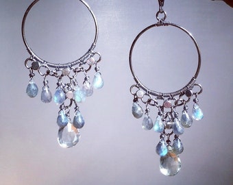 Big Silver Hoop Faceted Prasiolite & Labradorite Earrings