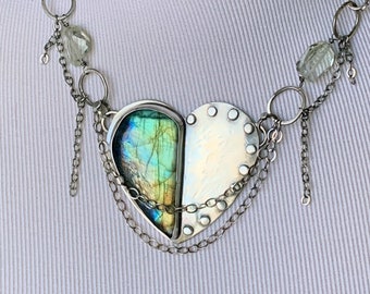 Chained Heart Necklace - Watercolor Labradorite Half Heart Pendant Large Link Chain  Green Amethyst Necklace