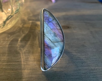 Midnight Moon Fiery Purple & Blue Labradorite Crescent Ring