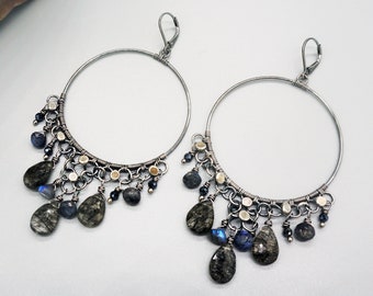 Flashy Labradorite & Rutilated Quartz Big Silver Hoops