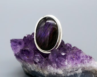 Flashy Purple Labradorite Big Silver Ring