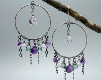 Sparkling Amethyst & Green Mystic Quartz Gemstone Hoops