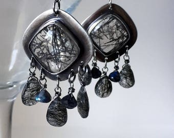 Black Rutilated Quartz & Flashy Labradorite Earrings