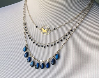 Sterling Silver Butterfly, Faceted Black Spinel Triple Strand Labradorite Necklace