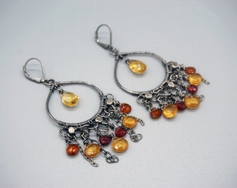 Boho Chandelier Hoops Sparkling Garnets and Citrine Earrings