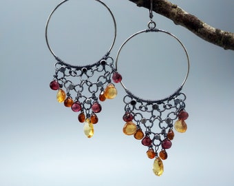 Sparkling Garnet Chain Hoop Earrings