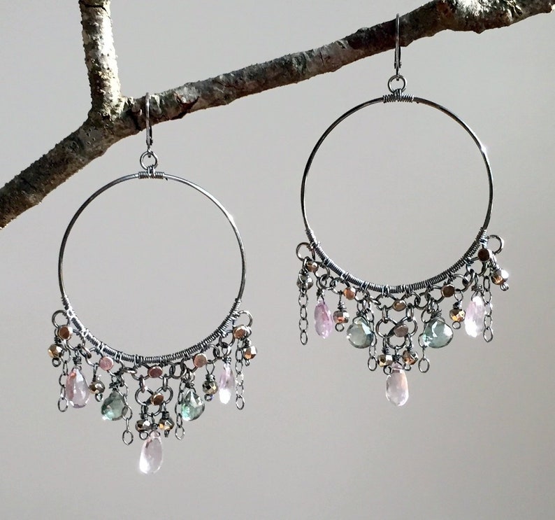 Pink Amethyst /& Mystic Quartz Big Hoop Earrings