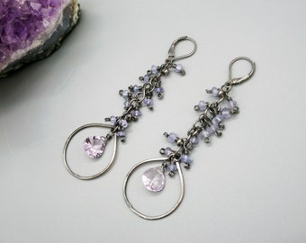 Pink Amethyst & Sparkling Tanzanite Chain Link Earrings
