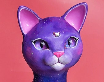 Andromeda - Galaxy cosmic Cat sculpture - OOAK handmade Art mixed media sculpture extraordinary cat sculpture