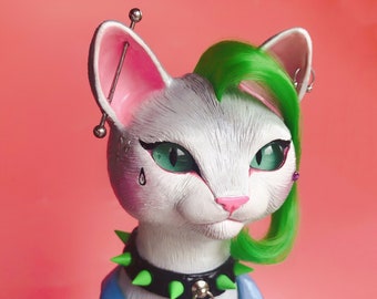 Green Punk Rocker Tattoed Cat - ooak polymer clay sculpture