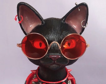 Logan - Black Punk Rocker Cat in Red Check shirt - ooak polymer clay sculpture