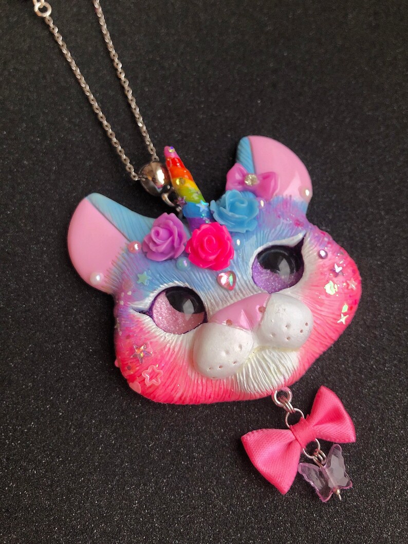Ready to ship Blue Pink Unikitty Cat unicorn kawaii sweet style necklace
