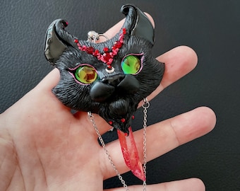 Iridescent Red  Crystal Quartz  Black Cat pendant