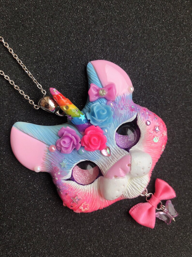 Ready to ship Blue Pink Unikitty Cat unicorn kawaii sweet style necklace