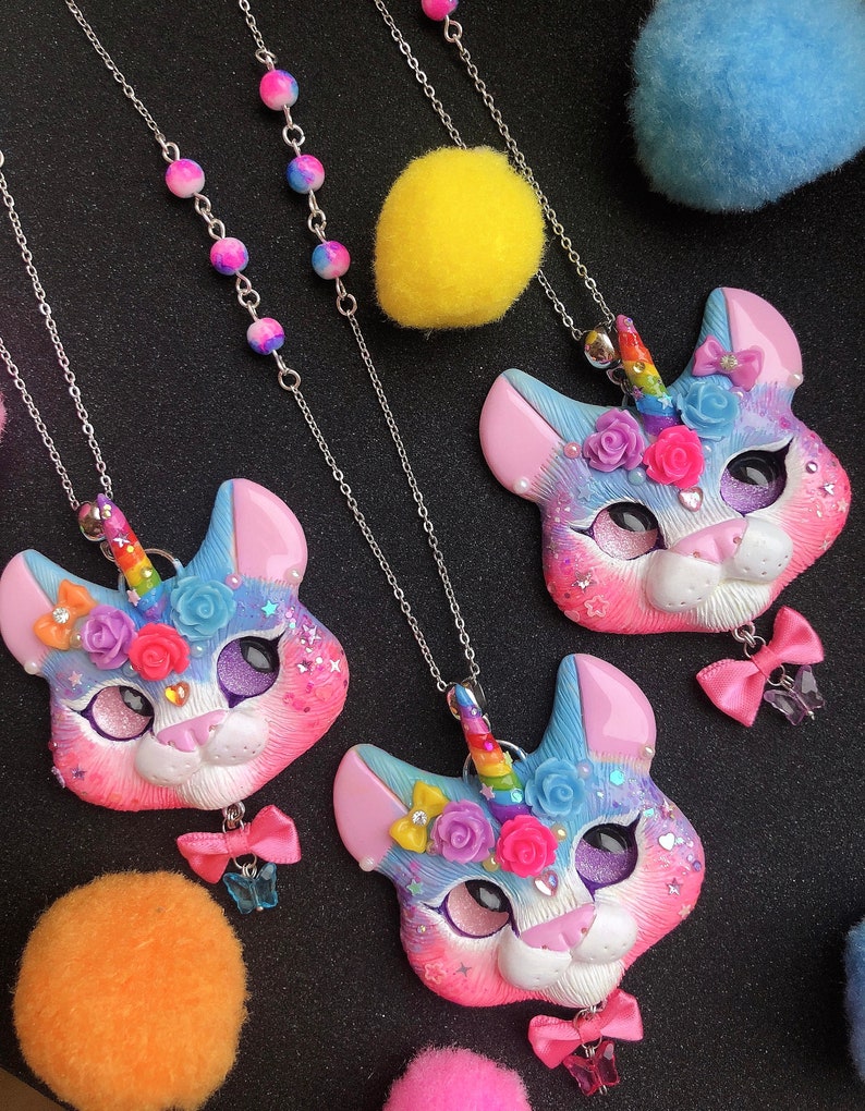 Ready to ship Blue Pink Unikitty Cat unicorn kawaii sweet style necklace