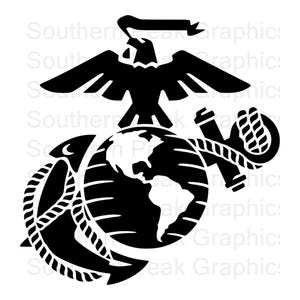 May include: A black and white graphic of the United States Marine Corps emblem. The emblem features an eagle perched atop a globe, with an anchor and rope intertwined. A banner is held in the eagle's beak.