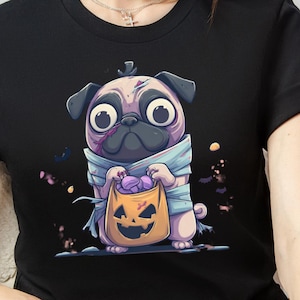 Zombie Pug Halloween T-Shirt Bella Canvas 3001 – Cute Spooky Dog with Pumpkin Trick or Treat Bag Funny Creepy Puppy Fall Graphic Tee