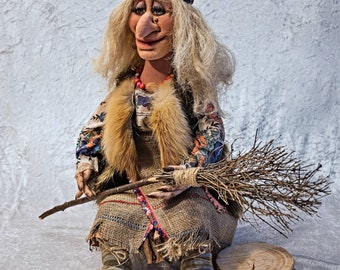 Baba Yaga Art Doll with Cat: Whimsical Fairy Tale Witch