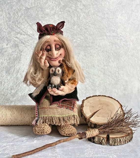 Baba Yaga Art Doll with Owl: Whimsical Fabric Fairy Tale Witch