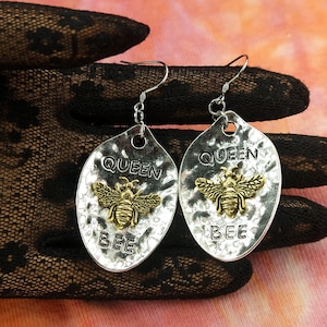 Big Queen Bee Earrings, Honey Bee Bumble Bee Hammered Spoon Jewelry Gold and Silver Vintage Style, in Gift Box Ready to Ship
