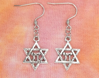 Small Chai in Star of David Earrings, Charm Drop Dangle Ear Rings Jewish Chai Judaica Gift Ready To Ship