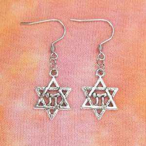Small Chai in Star of David Earrings, Charm Drop Dangle Ear Rings Jewish Chai Judaica Gift Ready To Ship