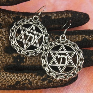 Large Chai in Star of David Earrings, Charm Drop Dangle Ear Rings Jewish Chai Judaica  Gift Ready To Ship