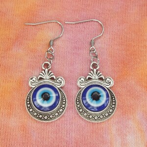 Evil Eye Earrings, Hypo Allergenic Earwires, Blue Eye on Antiqued Silver Bezel, Nazar Anti Evil Malocchio Good Luck Protection Amulet