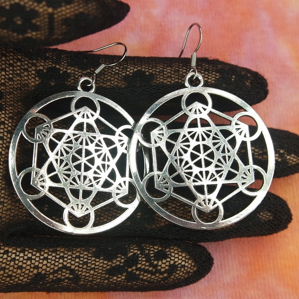 Big Metatrons Cube Earrings, Large Ear Rings in Gift Box, Pick Silver or Gold Tone Gift Ready To Ship