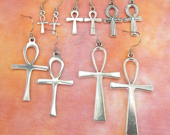 Ankh Earrings, Hypo Allergenic Stainless Earwires Silver Ankh Cross Earrings Pick Size Tiny Regular Medium Large or Extra!